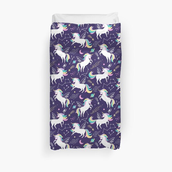 Cute space unicorns on dark blue background Duvet Cover