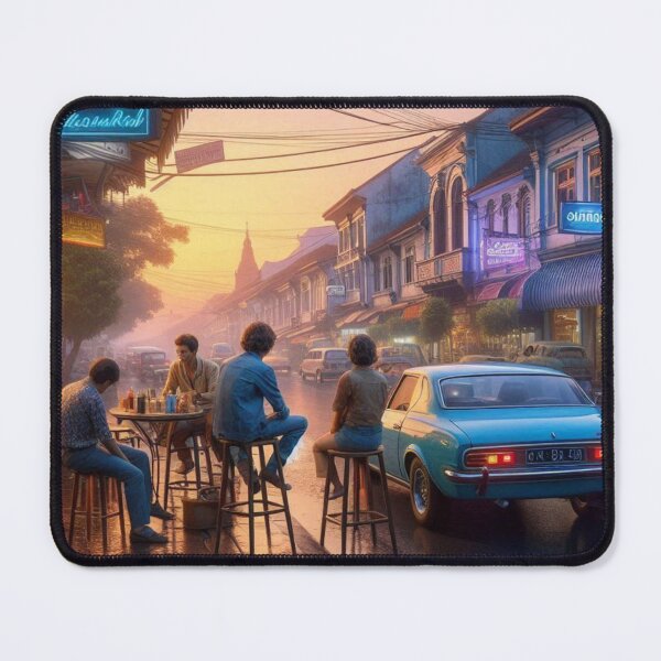 Item preview, Retro 1970s Malang – AI Artwork Colorful Roadside Café Scene for City Lovers, Travelers, and Vintage Enthusiasts designed and sold by knalpot-design.