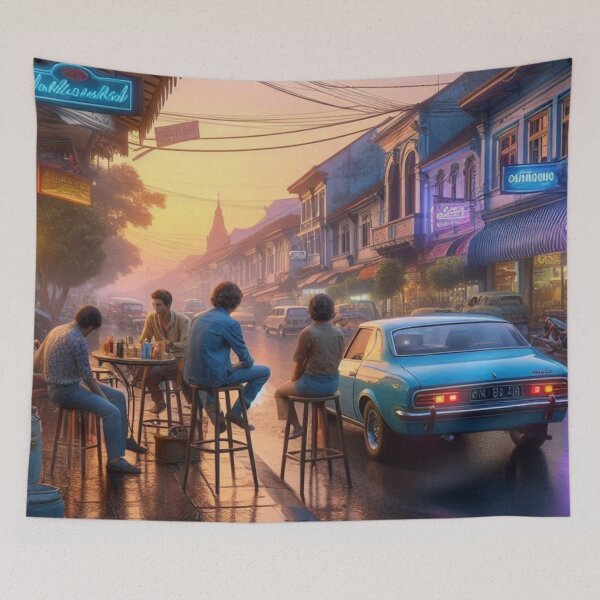 Item preview, Retro 1970s Malang – AI Artwork Colorful Roadside Café Scene for City Lovers, Travelers, and Vintage Enthusiasts designed and sold by knalpot-design.