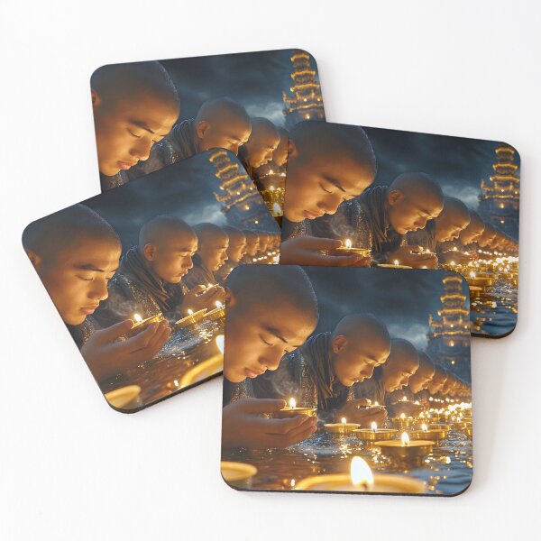 Item preview, Monks deep in prayer amidst glowing candlelit scene. designed and sold by Artessie.