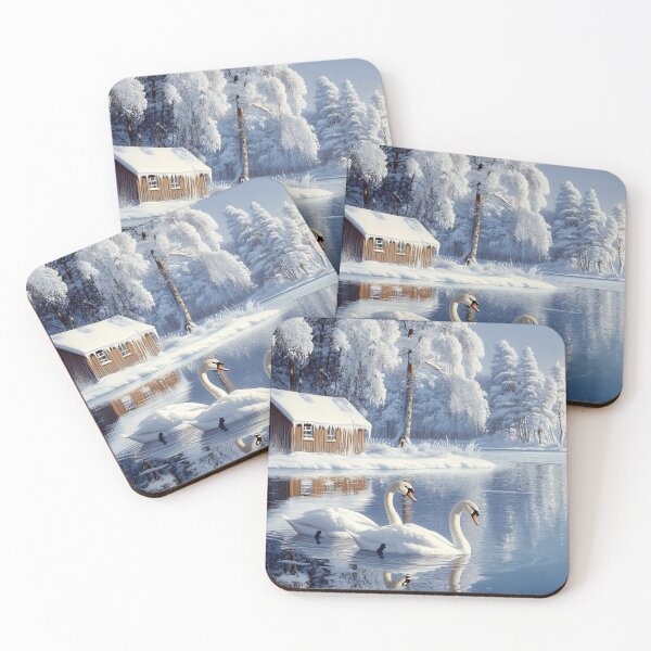 Item preview, Serene winter lake scene with swans and snowy cabin. designed and sold by Artessie.