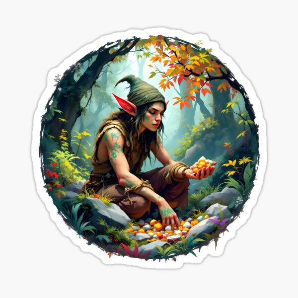 Forest elf collecting gems Sticker