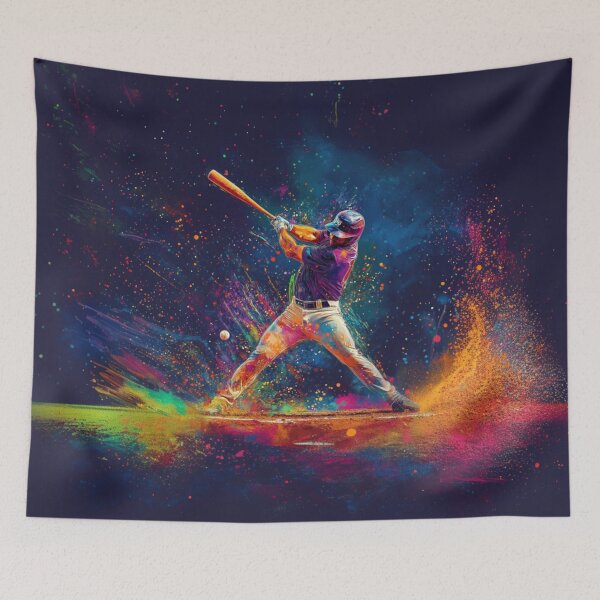 Item preview, Abstract depiction of a baseball player hitting a ball with vibrant colours Active Outdoors Inspired Art designed and sold by CDC40.