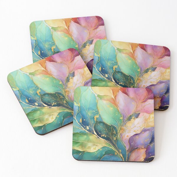 Item preview, Multicolour rainbow colours and gold VINTAGE leaf botanicals watercolor painting, alcohol ink effects, gold highlights, leaf pattern watercolour painting  designed and sold by navitalidesign.