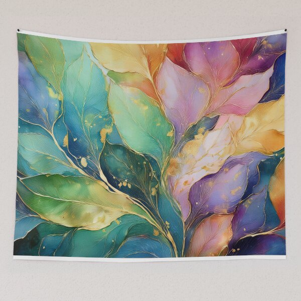 Item preview, Multicolour rainbow colours and gold VINTAGE leaf botanicals watercolor painting, alcohol ink effects, gold highlights, leaf pattern watercolour painting  designed and sold by navitalidesign.
