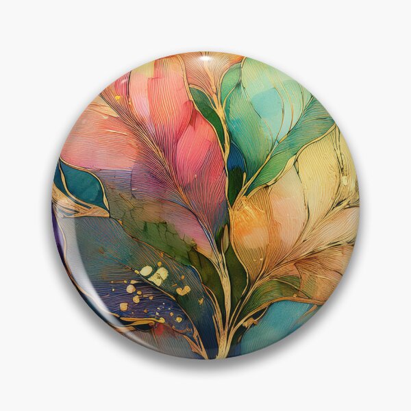 Item preview, Multicolour rainbow colours and gold VINTAGE leaf botanicals watercolor painting 2, alcohol ink effects, gold highlights, leaf pattern watercolour painting  designed and sold by navitalidesign.