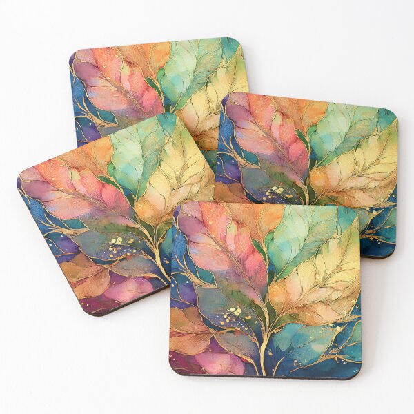 Item preview, Multicolour rainbow colours and gold VINTAGE leaf botanicals watercolor painting 2, alcohol ink effects, gold highlights, leaf pattern watercolour painting  designed and sold by navitalidesign.