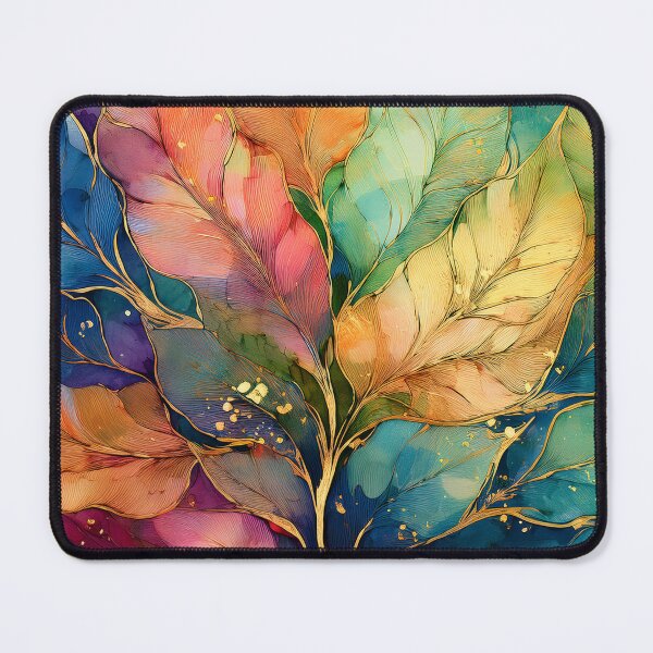 Item preview, Multicolour rainbow colours and gold VINTAGE leaf botanicals watercolor painting 2, alcohol ink effects, gold highlights, leaf pattern watercolour painting  designed and sold by navitalidesign.