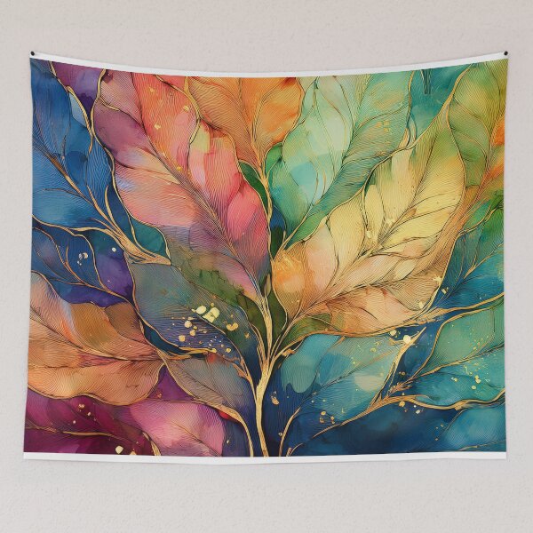 Item preview, Multicolour rainbow colours and gold VINTAGE leaf botanicals watercolor painting 2, alcohol ink effects, gold highlights, leaf pattern watercolour painting  designed and sold by navitalidesign.