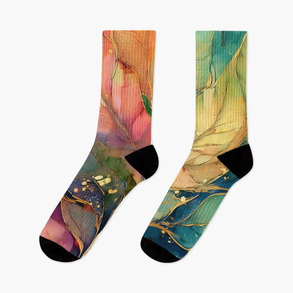Item preview, Multicolour rainbow colours and gold VINTAGE leaf botanicals watercolor painting 2, alcohol ink effects, gold highlights, leaf pattern watercolour painting  designed and sold by navitalidesign.