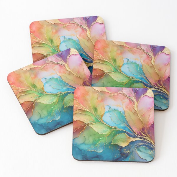Item preview, Multicolour rainbow colours and gold VINTAGE leaf botanicals watercolor painting 3, alcohol ink effects, gold highlights, leaf pattern watercolour painting  designed and sold by navitalidesign.