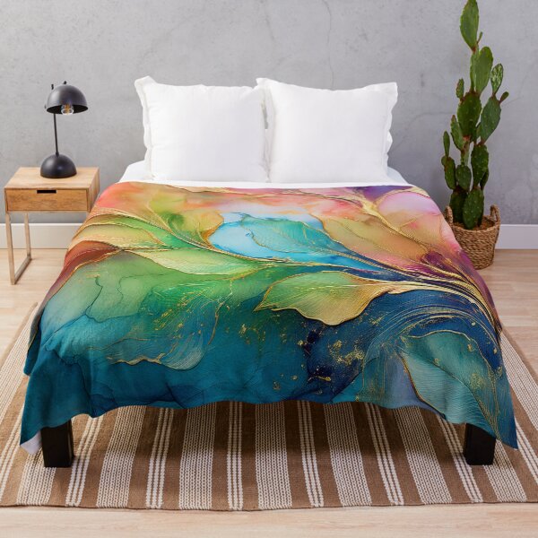 Item preview, Multicolour rainbow colours and gold VINTAGE leaf botanicals watercolor painting 3, alcohol ink effects, gold highlights, leaf pattern watercolour painting designed and sold by navitalidesign.