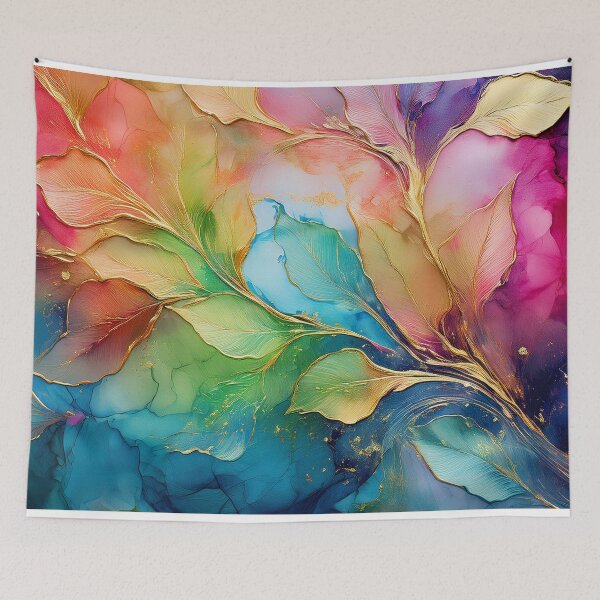 Item preview, Multicolour rainbow colours and gold VINTAGE leaf botanicals watercolor painting 3, alcohol ink effects, gold highlights, leaf pattern watercolour painting  designed and sold by navitalidesign.