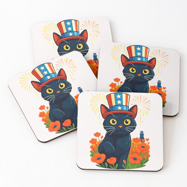 Item preview, Patriotic Black Cat in Poppy Field 4th of July Fireworks designed and sold by cawtoon.