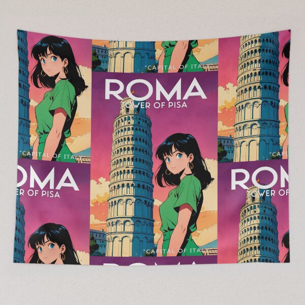 Item preview, Beautiful girl traveling and walking around the Leaning Tower of Pisa Sticker, poster with vintage 80s anime design designed and sold by UrbanTRIP.