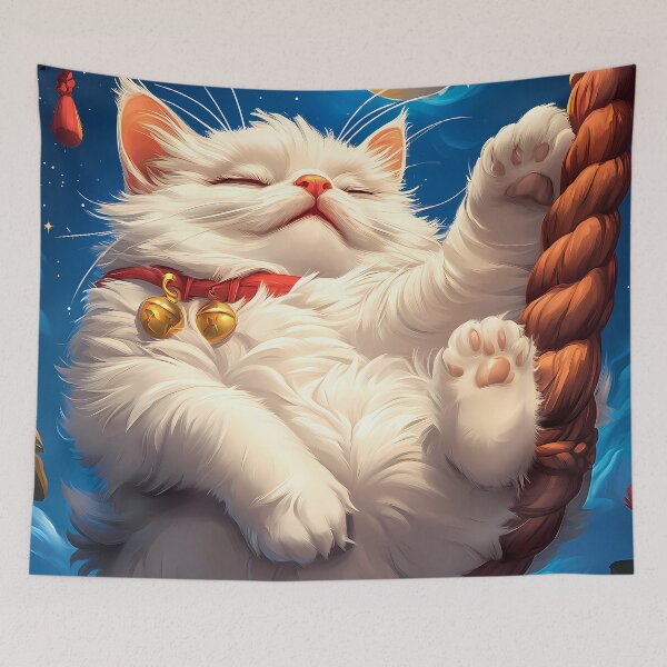 Item preview, Van Gogh Animals Fluffy White Cat Dreams Under Full Moon with Starry Charm designed and sold by lassedgkotsij.