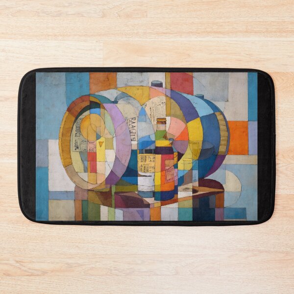 Item preview, Whiskey Barrel and Bottles in Abstract Cubism - Bold Geometric Still Life with Vibrant Colors designed and sold by OlfactoART Studio.