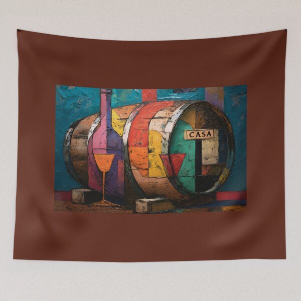 Item preview, Casa Wine Barrel and Glass in Bold Geometric Cubist Style - Vibrant Abstract Composition with Rustic Flair designed and sold by OlfactoART Studio.