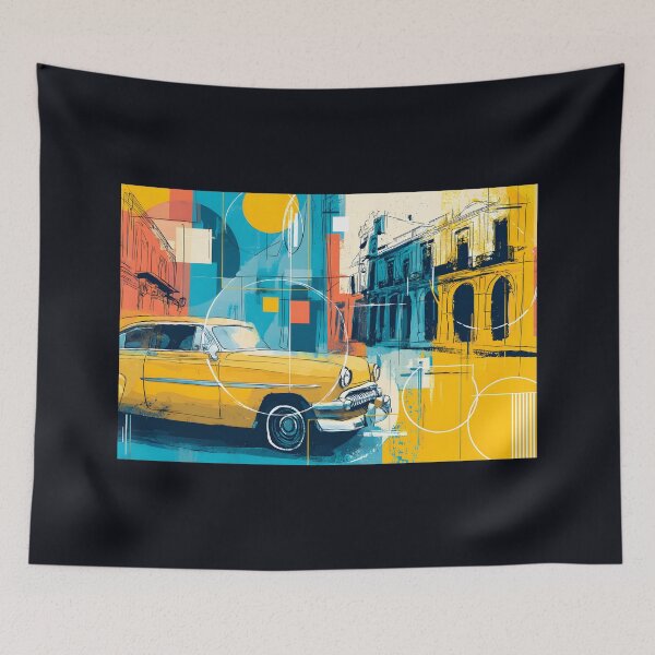 Item preview, Drive Into Cuban Color - Vintage Yellow Car Meets Abstract Havana Energy Digital AI Art designed and sold by OlfactoART Studio.