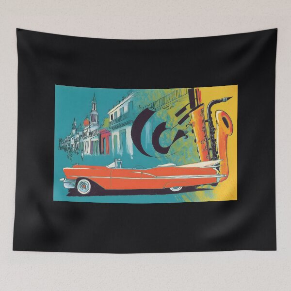 Item preview, Drive Through Havana's Colorful Streets - Orange Convertible and Jazzy Saxophone Energy Abstract Digital Art designed and sold by OlfactoART Studio.