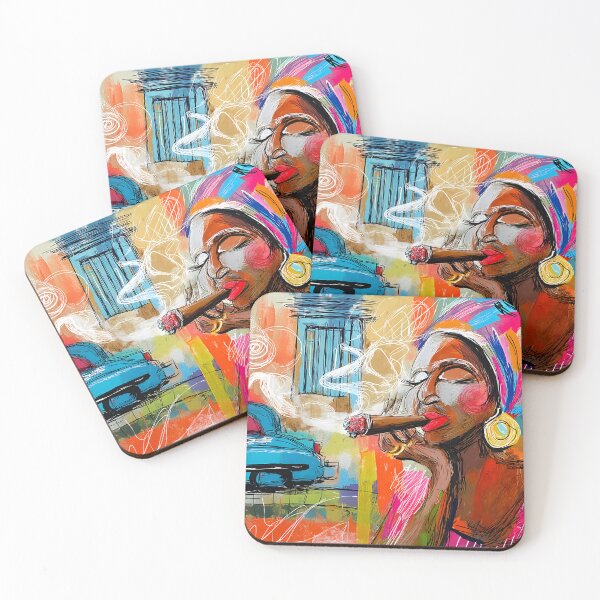 Item preview, Havana Elegance in Smoke- Bold Cuban Woman with Colorful Headwrap and Vintage Blue Car designed and sold by OlfactoART Studio.