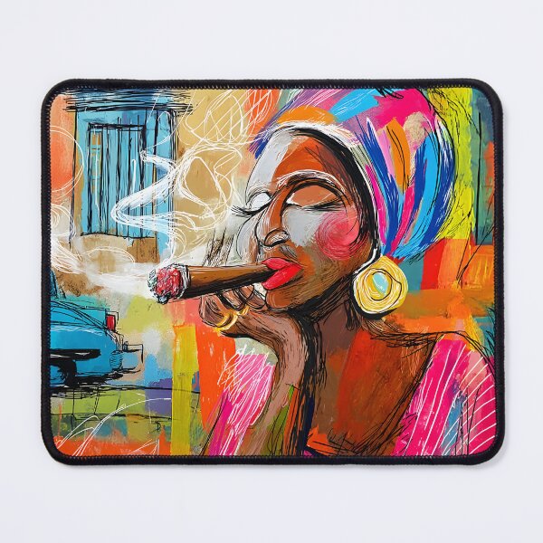 Item preview, Havana Elegance in Smoke- Bold Cuban Woman with Colorful Headwrap and Vintage Blue Car designed and sold by OlfactoART Studio.