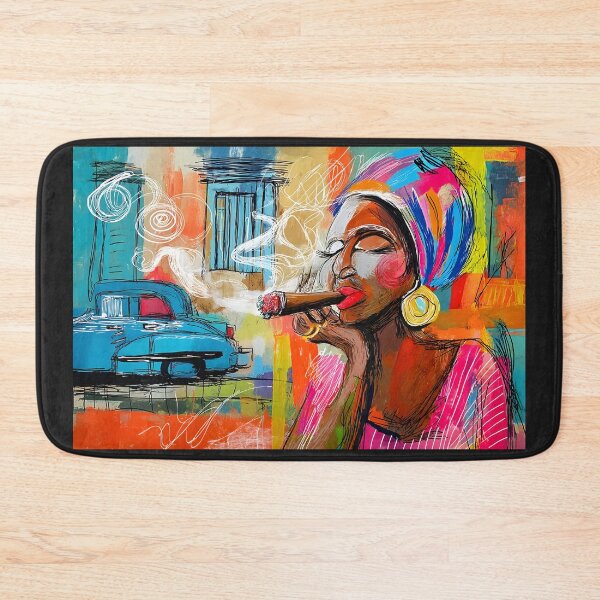 Item preview, Havana Elegance in Smoke- Bold Cuban Woman with Colorful Headwrap and Vintage Blue Car designed and sold by OlfactoART Studio.