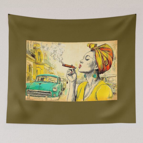 Item preview, Light Up Havana Nights - Stylish Woman with Cigar Among Classic Cars and Vintage Charm designed and sold by OlfactoART Studio.