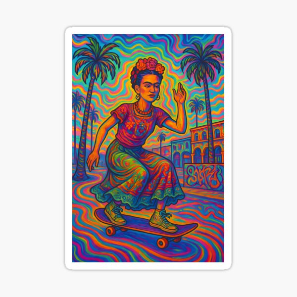 Item preview, Frida Kahlo Skateboarding in Psychedelic Venice Beach designed and sold by CuriosityIntl.