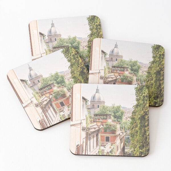 Item preview, Rome, Italy I Panoramic summer pastel view over the rooftops of Rome from a quiet Trastevere street with church tower, nature greenery, architecture photography and Mediterranean la dolce vita light designed and sold by Julie Travel Photography.