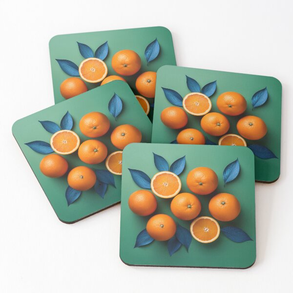 Item preview, Organic ripe oranges on a green background with blue leaves designed and sold by Design your dreams.