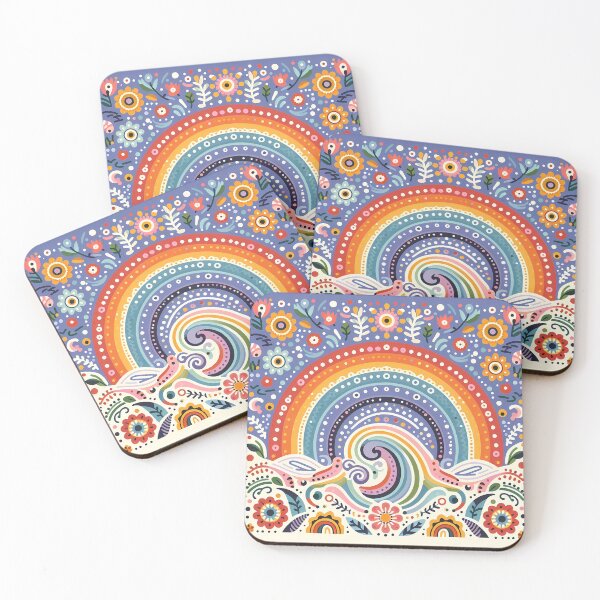 Item preview, Vibrant Rainbow and Colourful Wave with Folk Flowers - Scandinavian Folk Art by heidiannemorris © designed and sold by FOLK ART FUSION by heidiannemorris.