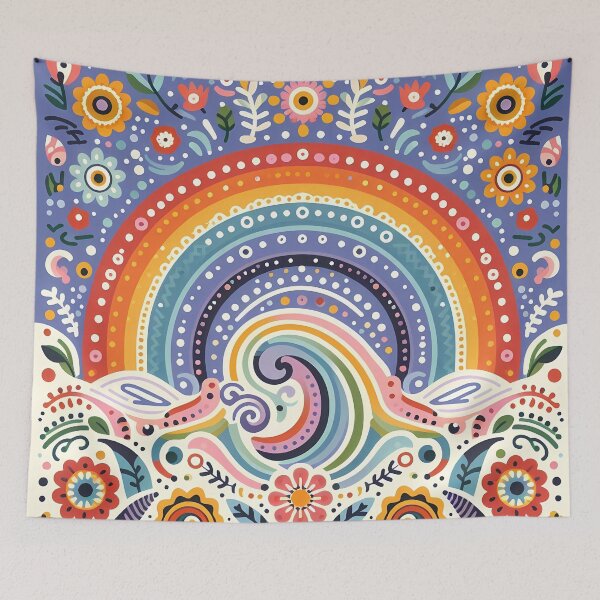 Item preview, Vibrant Rainbow and Colourful Wave with Folk Flowers - Scandinavian Folk Art by heidiannemorris © designed and sold by FOLK ART FUSION by heidiannemorris.