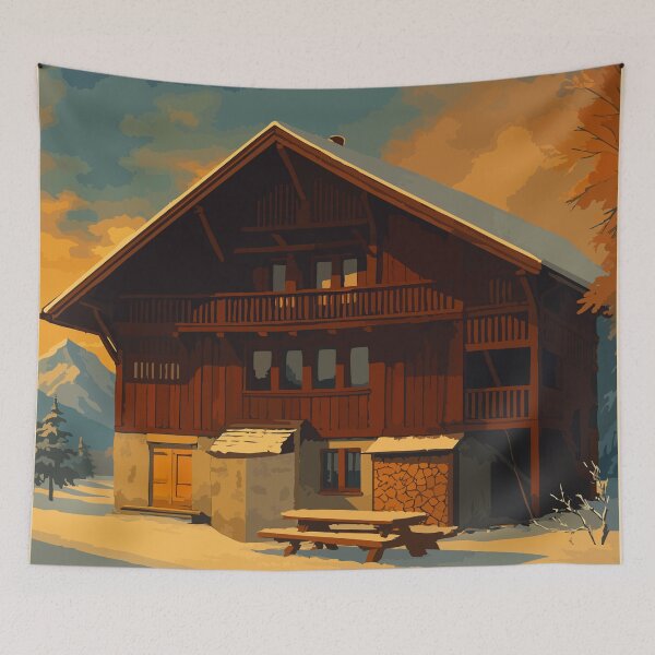 Item preview, Les Ravines – Morillon | Vintage poster of a snowy alpine chalet designed and sold by Atelier Brume.