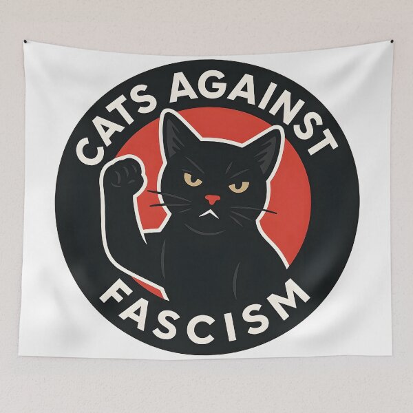 Item preview, "Cats Against Fascism" Black Sticker with White Text & Red Circle – Bold Protest Cat Design designed and sold by WAUZ.