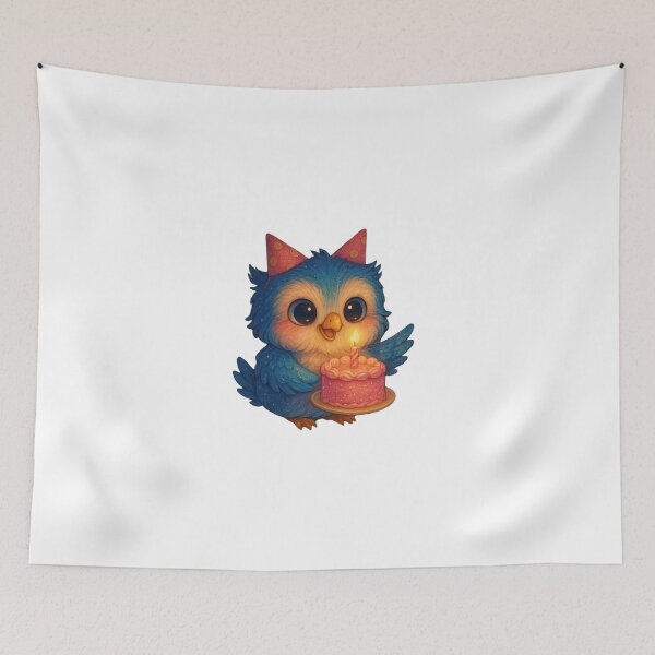 Item preview, Cute Blue Owl with Birthday Cake – Kawaii Party Bird Illustration designed and sold by JoynestStudioCo.