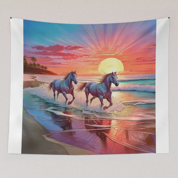 Item preview, Two white horses running in the sea at sunset designed and sold by Design your dreams.