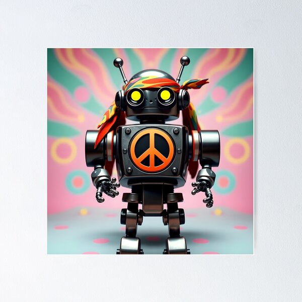 Item preview, Robot Hippy With Peace Sign and Funky Background designed and sold by LoveFightWrite.