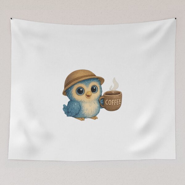 Item preview, Cute Blue Owl with Coffee Mug – Cozy Morning Bird Illustration designed and sold by JoynestStudioCo.