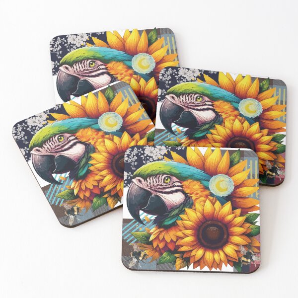 Item preview, Macaw among Sunflowers in a collage and vintage style designed and sold by Brushlight Studio.