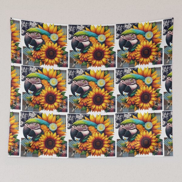 Item preview, Macaw among Sunflowers in a collage and vintage style designed and sold by Brushlight Studio.