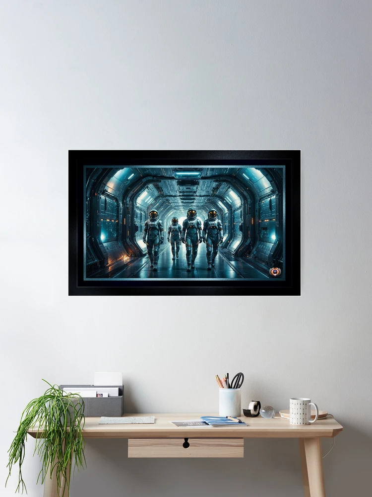 Astronaut Rescue Crew Marching Through a Futuristic Starship Corridor AI Concept Art by Xzendor7 Wall Decor Poster Art Print