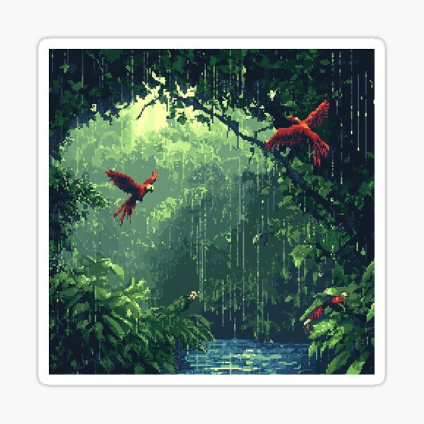 Vista previa del artículo con la obra «Jungla de píxeles con dosel de lluvia», diseñado y vendido por RetroPixelCraft.
