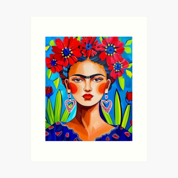 Aperçu de l'œuvre Frida Fleurs bleues et rouges Art populaire mexicain créée et vendue par TinaSalazar.