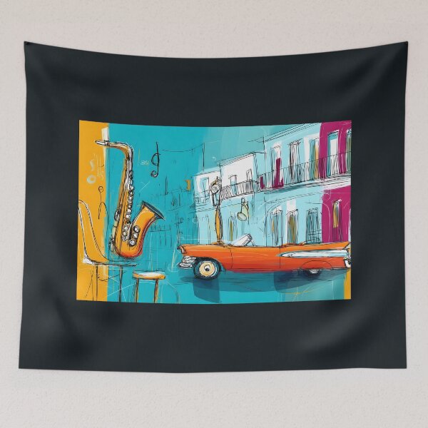 Item preview, Drive into Havana's Jazz Vibe - Oldtimer Classic Car and Saxophone Create Musical Motion designed and sold by OlfactoART Studio.
