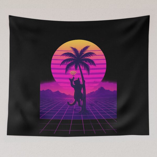 Aperçu de l'œuvre Chat chercheur de signaux vaporwave dans un coucher de soleil néon. Affiche rétrofuturiste. créée et vendue par Printsoft.