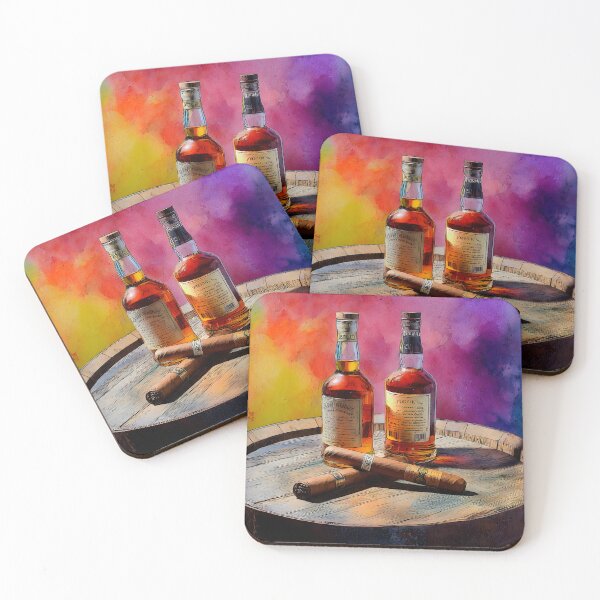 Item preview, Whiskey Bottles and Cigars on Wooden Barrel - Vibrant Background of Luxury and Relaxation designed and sold by OlfactoART Studio.