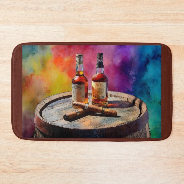 Item preview, Whiskey Bottles and Cigars on Wooden Barrel - Vibrant Background of Luxury and Relaxation designed and sold by OlfactoART Studio.