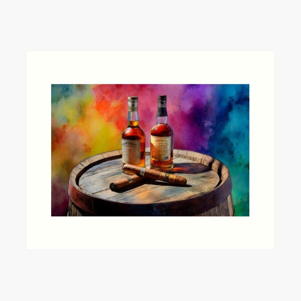 Item preview, Whiskey Bottles and Cigars on Wooden Barrel - Vibrant Background of Luxury and Relaxation designed and sold by OlfactoART Studio.