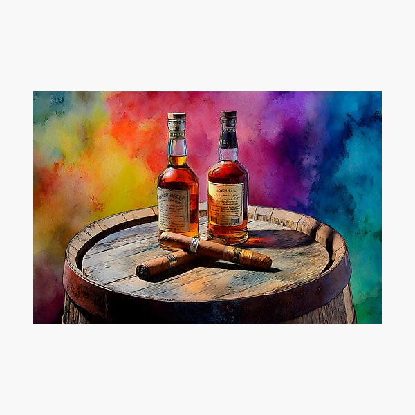 Item preview, Whiskey Bottles and Cigars on Wooden Barrel - Vibrant Background of Luxury and Relaxation designed and sold by OlfactoART Studio.